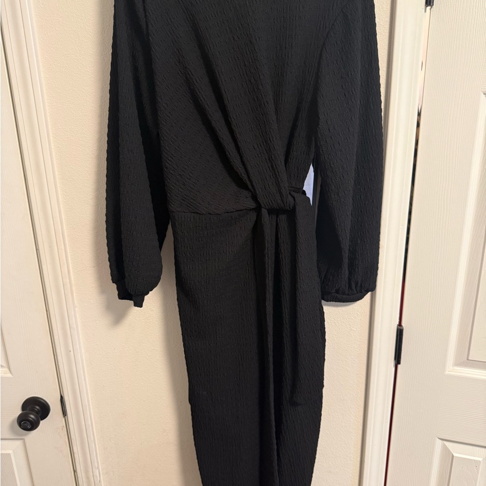 Black Long Sleeve Knot Waist Dress